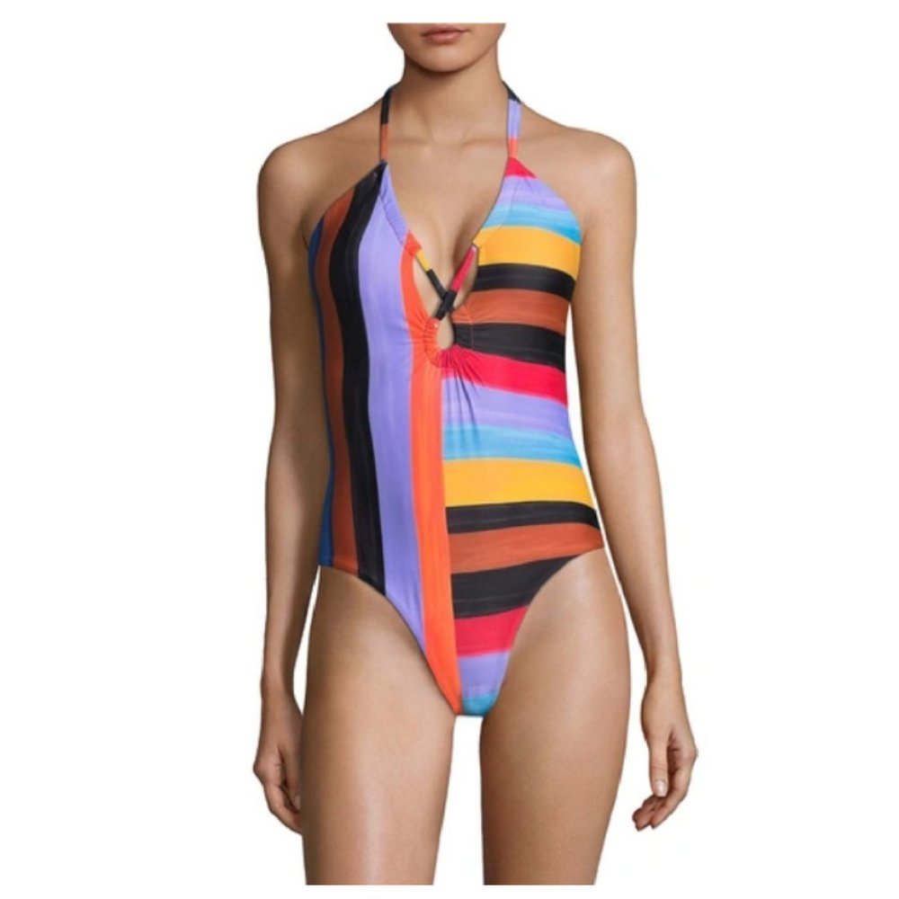 NWT Mara Hoffman Women's Aya Plunge Stripe Swimsuit In Black Multi